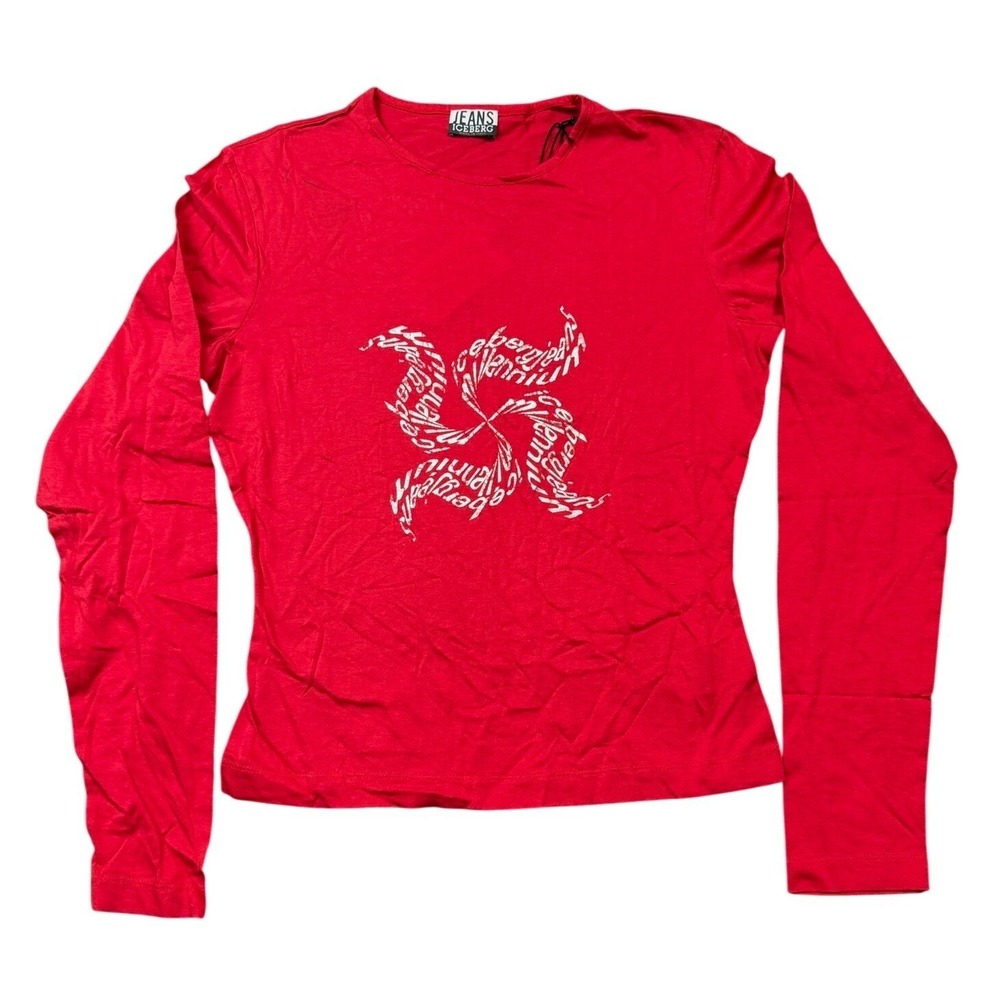 VTG 90's Iceberg Red Long Sleeve Crew Neck Graphic T-Shirt Top Size Medium Italy